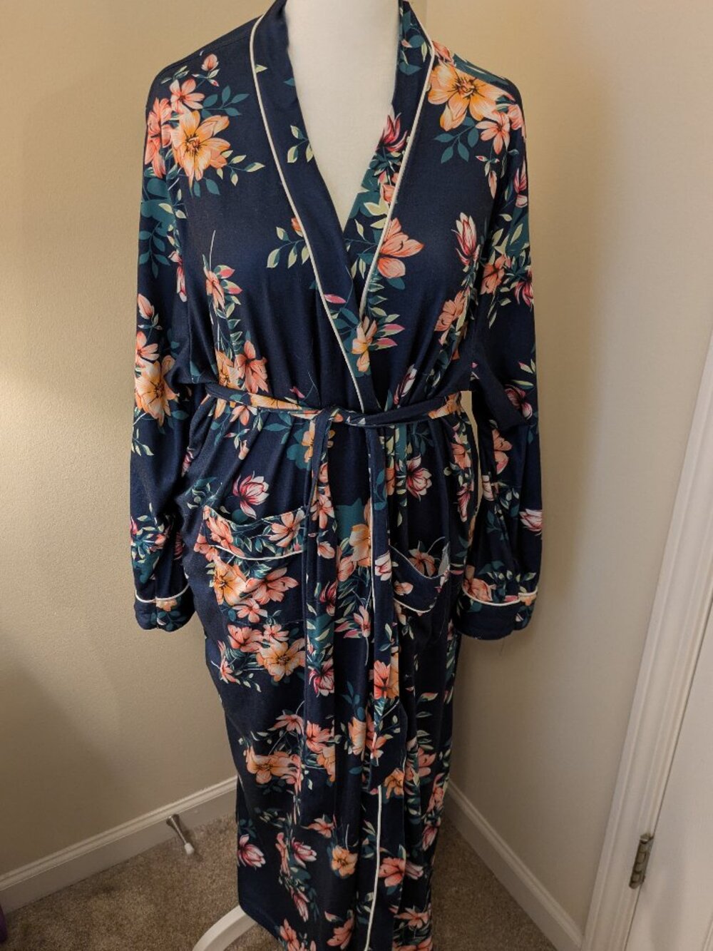 Floral Robe 2XL Navy Blue Lightweight Kimono Bathrobe Belted Lounge